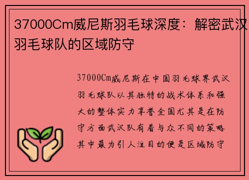 37000Cm威尼斯羽毛球深度：解密武汉羽毛球队的区域防守