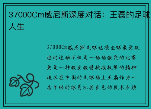 37000Cm威尼斯深度对话：王磊的足球人生